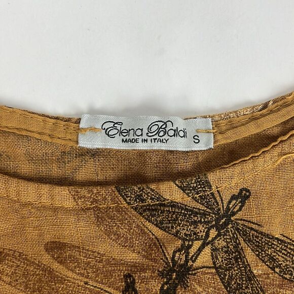 Elena Baldi DragonFly 100% Linen Mustard Yellow Ruffle Sleeve Blouse Small - Picture 13 of 14